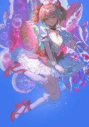 Rule 34 | 1girl, abstract background, ahoge, blue background, bow, bubble, bubble skirt, chinese commentary, choker, closed eyes, collarbone, commentary request, dress, dress bow, expressionless, facing viewer, floating, footwear bow, frilled dress, frilled skirt, frilled sleeves, frilled socks, frills, from side, full body, gloves, hair bow, hand up, high heels, highres, kaname madoka, leg up, ling5707, magical girl, mahou shoujo madoka magica, mahou shoujo madoka magica (anime), pink dress, pink footwear, pink hair, procreate (medium), puffy short sleeves, puffy sleeves, red bow, red choker, short hair, short sleeves, short twintails, skirt, socks, solo, twintails, white gloves, white socks