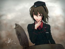 Rule 34 | 10s, 1girl, brown eyes, brown hair, dust cloud, garrison cap, girls und panzer, hand up, hat, hatch, headset, highres, light particles, looking to the side, military, military vehicle, motor vehicle, nishizumi maho, nmz (namazu), short hair, signature, solo, talking, tank, throat microphone, uniform, upper body