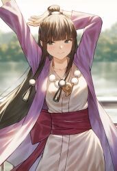 Rule 34 | ace attorney, arms up, black hair, blue eyes, blush, fagi (kakikaki), hands up, hanten (clothes), highres, japanese clothes, jewelry, kimono, long hair, looking to the side, low-tied sidelocks, magatama, magatama necklace, maya fey, necklace, outdoors, red sash, sash, sidelocks, smile, very long hair