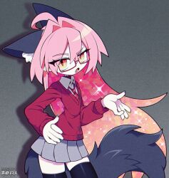Rule 34 | animal ears, artist name, cat ears, cat girl, cat tail, colored skin, commission, commissioner name, fang, funamusea (artist), glasses, grey background, grey skirt, hand gesture, highres, long hair, open mouth, orange eyes, original, pink hair, pointy ears, red-framed eyewear, red shirt, shirt, skeb commission, skirt, tail, white skin