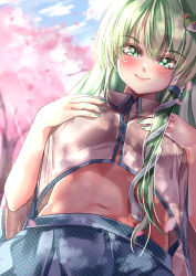Rule 34 | 1girl, absurdres, blue skirt, blurry, blurry background, blush, breasts, cherry blossoms, cherry tree, closed mouth, collared shirt, detached sleeves, frog hair ornament, from below, green eyes, green hair, green nails, hair between eyes, hair ornament, hands on own breasts, highres, kochiya sanae, long hair, looking at viewer, looking down, mahoro (minase mahoro), medium breasts, midriff, nail polish, navel, outdoors, shirt, skirt, sleeveless, sleeveless shirt, smile, snake hair ornament, solo, touhou, tree, white shirt, wide sleeves
