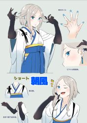 Rule 34 | 1girl, absurdres, alternate hair length, alternate hairstyle, asakaze (kancolle), blonde hair, blue eyes, commentary request, doushi tatsu to dekkai no, ear piercing, earrings, elbow gloves, gloves, highres, japanese clothes, jewelry, kantai collection, nail polish, parted bangs, piercing, short hair with long locks, translation request