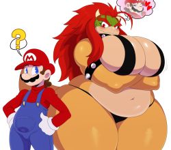 Rule 34 | 1boy, 1girl, ?, belly, blue eyes, blush, bowser, breasts, brown hair, choker, eric lowery, eyebrows, facial hair, fang, gloves, heart, highres, large breasts, long hair, mario, mario (series), matching hair/eyes, mustache, navel, overalls, red eyes, red hair, short hair, stomach, super mario bros. 1, sweat