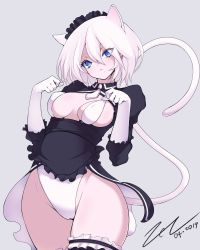 Rule 34 | 1girl, adapted costume, android, animal ears, artist request, blue eyes, breasts, cat ears, cat tail, cleavage cutout, clothing cutout, covered erect nipples, dated, headdress, leotard, nier (series), nier:automata, puffy sleeves, revealing clothes, solo, tail, thighhighs, thighs, white hair, white leotard, 2b (nier:automata)