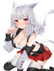 Rule 34 | 1girl, absurdres, animal ears, arm support, warrior of light (ff14), belt, black bra, black sleeves, black thighhighs, blush, bra, breasts, cat ears, cat tail, character request, cleavage, clenched hand, detached sleeves, facial mark, final fantasy, final fantasy xiv, highres, large breasts, looking at viewer, medium hair, miniskirt, miqo&#039;te, red eyes, red skirt, roi (liu tian), seiza, simple background, sitting, skirt, solo, tail, thighhighs, two-tone bra, two-tone legwear, two-tone sleeves, underwear, whisker markings, white background, white bra, white hair, white sleeves, white thighhighs