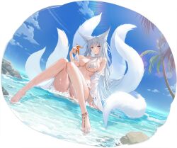 Rule 34 | 1girl, animal ear fluff, animal ears, anklet, azur lane, barefoot, bikini, blue eyes, breasts, cleavage, feet, fox ears, fox girl, fox tail, highres, in water, jewelry, kitsune, knees together feet apart, knees up, kyuubi, large breasts, legs, long hair, multiple tails, off shoulder, official alternate costume, official art, palm tree, see-through, see-through sleeves, shinano (azur lane), shinano (dreamy white sands) (azur lane), soaryuna, starfish, swimsuit, tail, toes, tree, untied bikini, water, white bikini, white hair, white tail