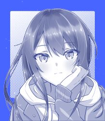 Rule 34 | 1girl, :|, absurdres, blue border, blush, border, closed mouth, dot nose, hair between eyes, halftone, hand on own cheek, hand on own face, head rest, highres, hood, hoodie, idoly pride, jacket, long hair, long sleeves, looking at viewer, monochrome, nagase kotono, open clothes, open jacket, outside border, pocosaaaan ip, raised eyebrows, sidelocks, simple background, sleeve cuffs, smile, solo, straight-on, upper body, white background