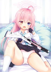 Rule 34 | 1girl, absurdres, ahoge, black gloves, black skirt, blue archive, blue eyes, brown eyes, collared shirt, commentary request, fang, feet out of frame, fingerless gloves, frilled pillow, frills, gloves, gun, hair between eyes, halo, heterochromia, highres, holding, holding gun, holding weapon, hoshino (blue archive), long hair, long sleeves, looking at viewer, no shoes, open mouth, panties, pillow, pink hair, plaid, plaid skirt, sakuraba hikaru (loveindog), shirt, skirt, socks, solo, underwear, very long hair, weapon, weapon request, white panties, white shirt, white socks, window