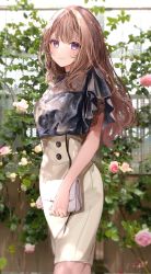 Rule 34 | 1girl, bag, black shirt, blouse, blush, breasts, brown dress, brown hair, closed mouth, commentary request, dress, flower, handbag, highres, holding, holding bag, long hair, looking at viewer, original, pink flower, pink rose, puracotte, purple eyes, rose, shirt, small breasts, smile, solo, very long hair, white flower