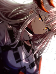 Rule 34 | 1girl, arknights, backlighting, breasts, closed mouth, commentary, dragon horns, dutch angle, english commentary, expressionless, grey hair, hair between eyes, highres, horns, long hair, looking at viewer, medium breasts, orange eyes, samacho, saria (arknights), sidelocks, simple background, solo, turtleneck, upper body, v-shaped eyebrows, white background