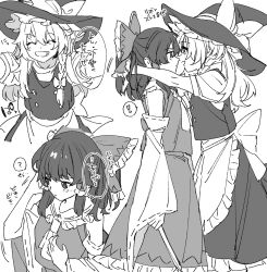 Rule 34 | 2girls, apron, ascot, blush, bow, braid, closed eyes, commentary request, detached sleeves, frilled bow, frilled hair tubes, frills, greyscale, grin, hair bow, hair tubes, hakurei reimu, hat, hat bow, highres, kirisame marisa, long hair, mero (starfish jcs), monochrome, multiple girls, open mouth, ribbon-trimmed sleeves, ribbon trim, short sleeves, side braid, single braid, smile, speech bubble, touhou, translation request, waist apron, witch hat