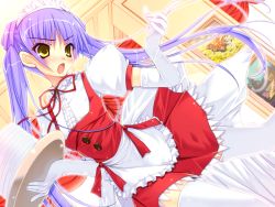 Rule 34 | 1girl, amane sou, apron, blush, dress, dress shirt, dutch angle, elbow gloves, floating hair, game cg, gloves, hair between eyes, hime x hime, holding, holding plate, indoors, long hair, maid headdress, neck ribbon, official art, open mouth, pinafore dress, plate, purple hair, red dress, red ribbon, ribbon, shirt, short dress, short sleeves, sleeveless dress, solo, takamura honami, thighhighs, twintails, very long hair, waist apron, white apron, white gloves, white shirt, white thighhighs, yellow eyes, zettai ryouiki