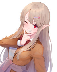 Rule 34 | 1girl, absurdres, blazer, blush, bow, bowtie, brown hair, brown jacket, collared shirt, commentary request, elf, elu (7th costume) (nijisanji), elu (nijisanji), fingernails, flower, ginopi, grin, hair between eyes, hair flower, hair ornament, hairclip, hand up, highres, jacket, long hair, long sleeves, nijisanji, one eye closed, open clothes, open jacket, pink flower, plaid, plaid bow, plaid bowtie, plaid neckwear, pointy ears, red bow, red bowtie, red eyes, shirt, simple background, smile, solo, very long hair, virtual youtuber, white background, white shirt