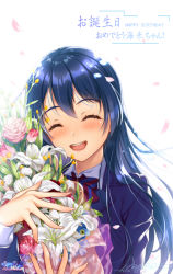 Rule 34 | 1girl, birthday, blazer, blue hair, blush, bouquet, bow, bowtie, character name, closed eyes, commentary request, flower, hair between eyes, holding, holding bouquet, hozumi kaoru, jacket, long hair, long sleeves, love live!, love live! school idol project, open mouth, otonokizaka school uniform, red bow, red bowtie, school uniform, simple background, smile, solo, sonoda umi, striped bow, striped bowtie, striped clothes, striped neckwear, translated, white background