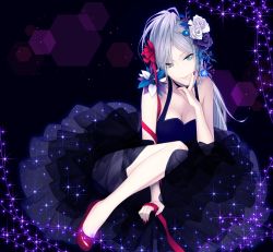Rule 34 | 1girl, arm support, blue eyes, blue flower, blue hair, blue rose, breasts, chimachi, choker, cleavage, dress, fingernails, flower, hair flower, hair ornament, hand on own cheek, hand on own face, high heels, highres, layered dress, legs, long hair, looking at viewer, matching hair/eyes, nail polish, original, red footwear, red nails, ribbon, rose, see-through, shoes, sleeveless, sleeveless dress, smile, solo, sparkle, tsurime, white flower, white rose