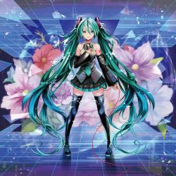 Rule 34 | 1girl, aqua eyes, boots, detached sleeves, female focus, flower, full body, hatsune miku, highres, long hair, looking at viewer, microphone, miniskirt, necktie, settyaro, skirt, solo, standing, tattoo, thigh boots, thighhighs, twintails, very long hair, vocaloid