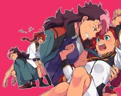 Rule 34 | 1boy, 1girl, ahoge, anger vein, aqua eyes, asticassia school uniform, black footwear, black hairband, blush, boots, breasts, brown hair, carrying, clenched teeth, full body, green jacket, guel jeturk, gundam, gundam suisei no majo, hairband, jacket, jacket on shoulders, long hair, medium breasts, mullet, multi-tied hair, multicolored hair, multiple views, open mouth, pink background, pink hair, princess carry, red hair, school uniform, short hair with long locks, shorts, sitting, sitting on person, squatting, suletta mercury, sweatdrop, teeth, two-tone hair, upper body, upper teeth only, wakaya hana, white jacket, white shorts