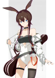 Rule 34 | 1girl, :o, absurdres, alternate costume, amiya (arknights), animal ears, arknights, bare shoulders, belt, black choker, black thighhighs, blue eyes, breasts, brown hair, choker, cleavage, collarbone, commentary request, cowboy shot, grey background, highres, instrument case, jacket, jewelry, leotard, long sleeves, looking at viewer, multiple rings, off shoulder, open clothes, open jacket, parted lips, rabbit ears, ring, shiguangbai, short hair with long locks, sidelocks, single thighhigh, small breasts, solo, strapless, strapless leotard, thigh strap, thighhighs, two-tone background, white jacket, white leotard