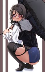 Rule 34 | 1girl, alternate eye color, ass, black bow, black umbrella, blue eyes, blue one-piece swimsuit, blush, bow, brown thighhighs, closed mouth, full body, garter belt, glasses, grey hair, hair bow, heterochromia, highres, holding, holding umbrella, igarashi kyouhei, long sleeves, looking at viewer, looking back, love live!, love live! sunshine!!, one-piece swimsuit, red-framed eyewear, red eyes, shirt, smile, solo, squatting, swimsuit, swimsuit under clothes, thighhighs, tiptoes, umbrella, watanabe you, white shirt