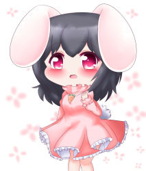 Rule 34 | 1girl, alternate hair length, alternate hairstyle, animal ears, arm up, black hair, blurry, blurry background, blush, carrot necklace, chibi, commentary, dress, feet out of frame, high collar, inaba tewi, long sleeves, looking at viewer, medium hair, necklace, open mouth, patterned background, petticoat, pink dress, rabbit ears, rabbit girl, rabbit tail, red eyes, solo, standing, tail, touhou, white background, yairenko