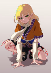 Rule 34 | 1girl, absurdres, arm support, arm warmers, black footwear, blonde hair, frown, full body, green eyes, grey background, highres, jody know-grow-help, medium hair, mizuhashi parsee, pointy ears, scarf, shirt, simple background, skirt, solo, touhou