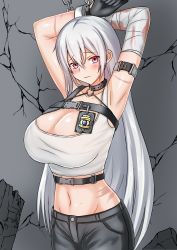 Rule 34 | 1girl, absurdres, armpits, arms up, azur lane, bandaged arm, bandages, bare shoulders, black collar, black gloves, black pants, blush, bound, bound wrists, breasts, buckle, chest strap, cleavage, closed mouth, collar, collarbone, commentary request, cowboy shot, crack, cracked wall, crop top, gloves, groin, hair between eyes, highres, large breasts, long hair, looking at viewer, midriff, mole, mole on stomach, multiple straps, navel, o-ring, pants, police badge, red eyes, rekka (alo4610), scar, sidelocks, silver hair, snap-fit buckle, solo, sovetskaya rossiya (azur lane), sovetskaya rossiya (the lackadaisical lookout) (azur lane), standing, tank top, taut clothes, very long hair, white tank top
