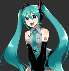 Rule 34 | 1girl, aqua eyes, aqua hair, bare shoulders, caffein, detached sleeves, hatsune miku, headphones, highres, long hair, necktie, open mouth, simple background, skirt, solo, tattoo, twintails, very long hair, vocaloid