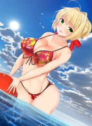 Rule 34 | 10s, 1girl, ahoge, bare shoulders, beach, bikini, blonde hair, blue sky, blush, breasts, cleavage, cloud, collarbone, day, dutch angle, fate/extra, fate (series), front-tie top, green eyes, large breasts, looking at viewer, multicolored bikini, multicolored clothes, navel, nero claudius (fate), nero claudius (fate) (all), nero claudius (fate/extra), noeomi, ocean, official alternate costume, outdoors, partially submerged, shiny skin, sky, solo, stomach, swimsuit, wading, water