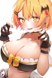 Rule 34 | + +, 1girl, absurdres, bat hair ornament, black bustier, black choker, black gloves, blonde hair, blush, breasts, bustier, choker, cleavage, commentary, detached sleeves, double-parted bangs, fang, fingerless gloves, gloves, hair ornament, hairclip, highres, hololive, large breasts, looking at viewer, official alternate costume, open mouth, orange eyes, short hair, simple background, sleeve garter, solo, upper body, virtual youtuber, white background, white sleeves, yellow eyes, yozora mel, yozora mel (2nd costume), yukirei