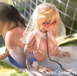 Rule 34 | 1girl, all fours, animal, artist name, ass-to-ass, bare shoulders, bestiality, blonde hair, blue eyes, blue thighhighs, blush, bra, breasts, bridal gauntlets, bridal veil, bride, chain, chain leash, clenched teeth, collar, commentary, commission, cupless bra, day, dog, german shepherd, gradient legwear, hanging breasts, hetero, highres, knotting, large breasts, leash, long hair, nipple chain, nipple piercing, nipple rings, nipples, o-ring, original, outdoors, panties, parted lips, piercing, pixiv commission, polki, see-through, sex, sunlight, teeth, thighhighs, underwear, veil, watermark, web address, white panties, white thighhighs