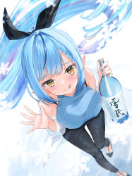 Rule 34 | 1girl, absurdres, ahoge, bare shoulders, blue hair, blue nails, bottle, bra strap, braid, braided bangs, breasts, casual, floating hair, from above, hands up, heart, heart ahoge, high heels, highres, hololive, large breasts, long hair, looking at viewer, nail polish, pants, pointy ears, ponytail, ribbed sweater, runlan 0329, sake bottle, sidelocks, sleeveless, sleeveless sweater, smile, snowflakes, solo, sweater, thigh gap, tight clothes, tight pants, tongue, tongue out, very long hair, virtual youtuber, wavy hair, yellow eyes, yukihana lamy