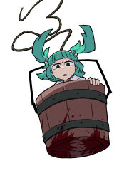 Rule 34 | 1girl, blood, bucket, commentary, eddybird55555, english commentary, full body, green eyes, green hair, hair bobbles, hair ornament, highres, kisume, looking at viewer, parody, parted lips, ringed eyes, rope, short hair, simple background, solo, style parody, touhou, two side up, vanripper (style), white background