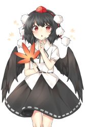 Rule 34 | 1girl, :o, bad id, bad twitter id, bird wings, black hair, black skirt, blush, cheunes, collared shirt, feather fan, finger to cheek, hat, highres, looking at viewer, pom pom (clothes), red eyes, shameimaru aya, shirt, skirt, solo, tokin hat, touhou, white shirt, wings