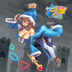 Rule 34 | 1girl, ass, bare shoulders, blue dress, blue hat, blue sleeves, boots, breasts, brown footwear, brown hair, castle, cleavage, collarbone, detached collar, detached sleeves, dress, earrings, glasses, hat, highres, jewelry, kamek, large breasts, magic, magikoopa, mario (series), nail polish, new super mario bros. u deluxe, nintendo, personification, red eyes, red nails, solo, super crown, supersatanson, thighhighs, wand, white thighhighs, wizard hat
