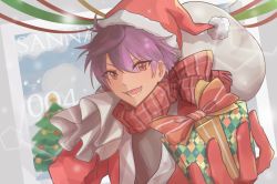 Rule 34 | 1boy, artist name, bag, bishounen, character request, christmas, christmas tree, copyright request, daimondai4, gift, gloves, hat, male focus, open mouth, photo (object), purple hair, red eyes, ribbon, santa costume, santa hat, scarf, snowing