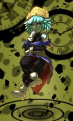 Rule 34 | 1girl, aeos, baggy pants, black pants, black undershirt, blue hair, blue skin, clock, closed mouth, colored skin, crossed legs, dragon ball, dragon ball heroes, floating, gloves, hand on own chin, high heels, highres, levitation, looking at viewer, pants, short hair, smile, solo, tiara, undershirt, white footwear, white gloves, xalice18