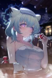 Rule 34 | 1girl, absurdres, animal ears, blue archive, blue halo, blush, breasts, bucket, cherrypunchs, cleavage, green hair, halo, highres, looking at viewer, medium breasts, night, night sky, onsen, partially submerged, purple eyes, revision, shigure (blue archive), shigure (hot spring) (blue archive), sky, smile, snowing, solo, star (sky), tokkuri, weasel ears, wooden bucket, wooden wall
