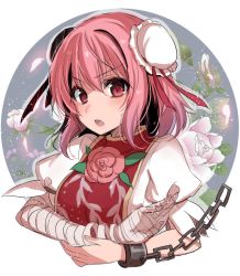 Rule 34 | 1girl, amputee, asa (coco), bandaged arm, bandages, bun cover, chain, chinese clothes, cuffs, double bun, flower, hair bun, ibaraki kasen, outside border, pink eyes, pink flower, pink hair, pink rose, puffy sleeves, rose, round image, shackles, short hair, solo, tabard, touhou, upper body