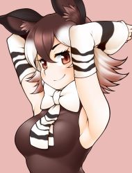 Rule 34 | &gt;:), 1girl, armpit focus, armpits, arms behind head, arms up, bow, bowtie, brown eyes, brown hair, brown shirt, closed mouth, commentary request, detached sleeves, hair between eyes, kemono friends, looking at viewer, medium hair, morino (morino03), multicolored hair, necktie, ocelot print, okapi (kemono friends), okapi ears, pink background, presenting armpit, print sleeves, shirt, simple background, sleeveless, sleeveless shirt, smile, smug, solo, upper body, v-shaped eyebrows, white hair