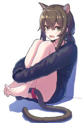 Rule 34 | 1girl, :d, amekaze yukinatsu, animal ears, bad id, bad pixiv id, bare legs, barefoot, black shirt, blush, brown eyes, brown hair, cat ears, cat girl, cat tail, commentary request, fang, feet, female focus, hair between eyes, hands in opposite sleeves, highres, in panties, long sleeves, looking at viewer, object in clothes, object in panties, open mouth, original, panties, red panties, revision, shirt, sidelocks, sitting, smile, solo, tail, underwear, white background