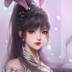 Rule 34 | 1girl, absurdres, animal ears, artist request, black hair, closed mouth, collar, douluo dalu, dress, earrings, falling petals, hair ornament, highres, jewelry, long hair, looking at viewer, metal collar, petals, ponytail, rabbit ears, second-party source, solo, upper body, xiao wu (douluo dalu)