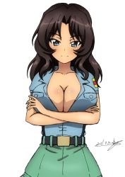 Rule 34 | 1girl, aoshidan school uniform, black hair, blue eyes, blush, breasts, bukkuri, cleavage, closed mouth, collarbone, crossed arms, dated, el (girls und panzer), girls und panzer, green skirt, highres, large breasts, looking at viewer, school uniform, shiny skin, simple background, skirt, smile, solo, upper body, white background