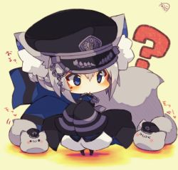 Rule 34 | &gt; &lt;, 1girl, :3, ?, animal ear fluff, animal ears, black hat, black pantyhose, blue eyes, blush, cat ears, cat girl, cat tail, chain, chibi, commentary request, full body, grey hair, hair between eyes, hat, jacket, military, military jacket, military uniform, mole, mole under eye, muuran, original, pantyhose, peaked cap, puffy pants, short hair, simple background, solo, standing, star (symbol), tail, uniform, yellow background