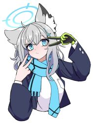 Rule 34 | 1girl, animal ear fluff, animal ears, blue archive, blue eyes, blue jacket, blue scarf, blush, breasts, commentary, cross, cross hair ornament, dr yamero, extra ears, gloves, green gloves, grey hair, hair ornament, halo, highres, inverted cross, jacket, looking at viewer, medium breasts, medium hair, mismatched pupils, necktie, open clothes, open jacket, scarf, school uniform, shiroko (blue archive), single glove, solo, striped clothes, striped scarf, wolf ears