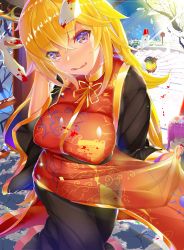 Rule 34 | 2girls, animal ears, ashu, black dress, blonde hair, blood, blood on clothes, blood stain, breasts, chinese clothes, commentary request, cowboy shot, crescent, dress, hat, highres, junko (touhou), lamp, large breasts, long hair, long sleeves, looking at viewer, multiple girls, parted lips, purple eyes, rabbit ears, reisen udongein inaba, sash, smile, snow, snowman, solo focus, stairs, sunlight, tabard, touhou, very long hair, wide sleeves