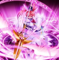 Rule 34 | 1girl, absurdres, bow, energy wings, fingerless gloves, gloves, highres, huge filesize, lyrical nanoha, magazine (weapon), magic circle, magical girl, mahou shoujo lyrical nanoha, mahou shoujo lyrical nanoha a&#039;s, purple eyes, raising heart, red bow, red hair, solo, takamachi nanoha, tom (1art.), twintails, white devil