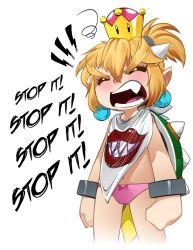 Rule 34 | 1girl, angry, bad deviantart id, bad id, bare shoulders, bleedman, blonde hair, bowsette jr., bracelet, crown, english text, closed eyes, fang, horns, jewelry, mario (series), new super mario bros. u deluxe, nintendo, panties, solo, spikes, super crown, underwear, white background