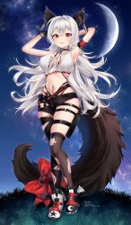 Rule 34 | 1girl, animal ears, arm behind head, armband, armpits, arms up, asymmetrical legwear, bare shoulders, black choker, black shorts, black thighhighs, bow, breasts, brown thighhighs, choker, crescent moon, crop top, cutoffs, denim, denim shorts, earrings, full body, highleg, highres, indie virtual youtuber, jewelry, large breasts, large tail, long hair, looking at viewer, messy hair, micro shorts, midriff, moon, nami (nyaa), navel, navel piercing, no bra, parted lips, piercing, red eyes, shirt, shoes, shorts, single leg pantyhose, single thighhigh, skindentation, sleeveless, sleeveless shirt, smile, sneakers, solo, standing, starzorz, stomach, tail, tail bow, tail ornament, thigh strap, thighhighs, thighs, torn clothes, torn shirt, torn thighhighs, very long hair, virtual youtuber, white hair, white shirt