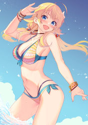 Rule 34 | 1girl, absurdres, ahoge, bare shoulders, bikini, blonde hair, blue eyes, blue sky, blush, bracelet, breasts, cleavage, collarbone, flower, front-tie bikini top, front-tie top, hachimiya meguru, hair flower, hair ornament, highleg, highleg bikini, highres, idolmaster, idolmaster shiny colors, jewelry, large breasts, layered bikini, long hair, looking at viewer, low twintails, navel, necklace, ocean, open mouth, santa (sunflower), side-tie bikini bottom, sky, smile, solo, swept bangs, swimsuit, thighs, twintails, wading, yellow bikini