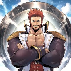 Rule 34 | 1boy, alternate facial hair, bara, beard, blue eyes, brown hair, cannon, commission, cross scar, crossed arms, epaulettes, facial hair, fate/grand order, fate (series), fringe trim, frown, fuse ryuuta, grin, highres, huge weapon, jacket, large pectorals, leather, leather jacket, long sleeves, looking at viewer, male focus, mature male, military, military uniform, muscular, muscular male, napoleon bonaparte (fate), open clothes, open jacket, open shirt, partially unbuttoned, pectoral cleavage, pectoral lift, pectorals, scar, scar on chest, short hair, sideburns, skeb commission, smile, solo, uniform, upper body, weapon